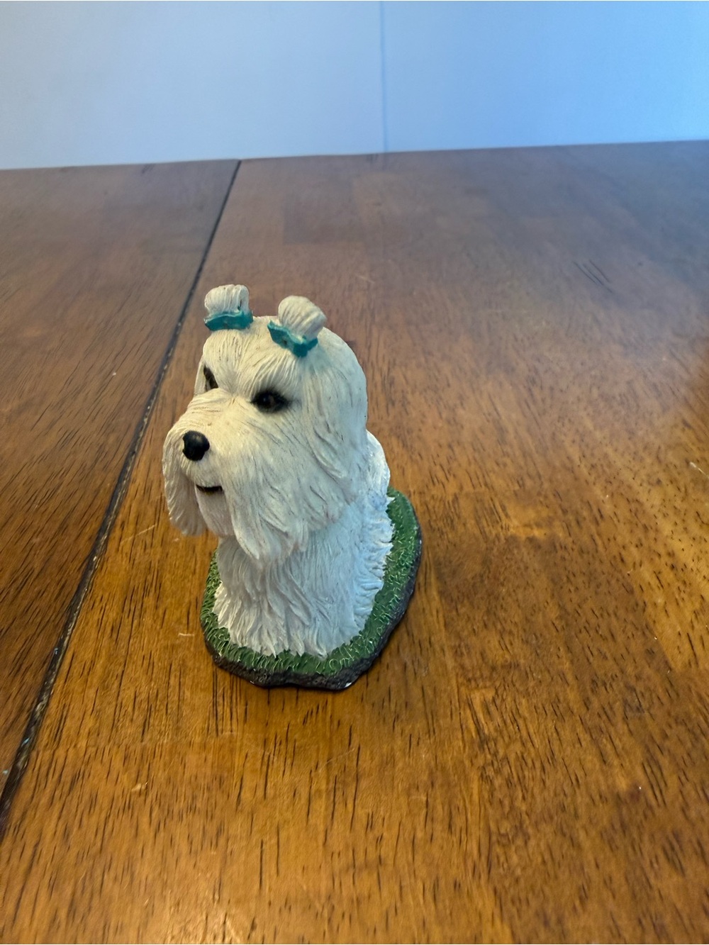 White Ceramic Dog Figurine with Teal Bows - Small Pets Decor Bobblehead